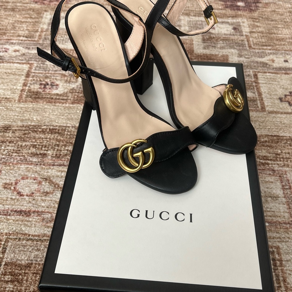 Gucci Black Heels with Gold Logo Detail